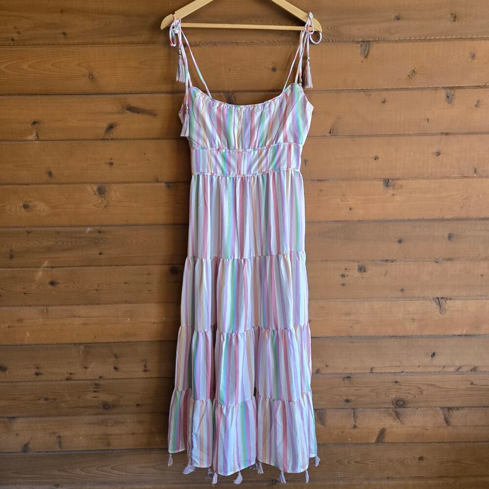 Chicwish Rainbow Stripe Maxi Dress Tassle Boho Preppy Med Summer Pastel Cottage - Picture 2 of 6